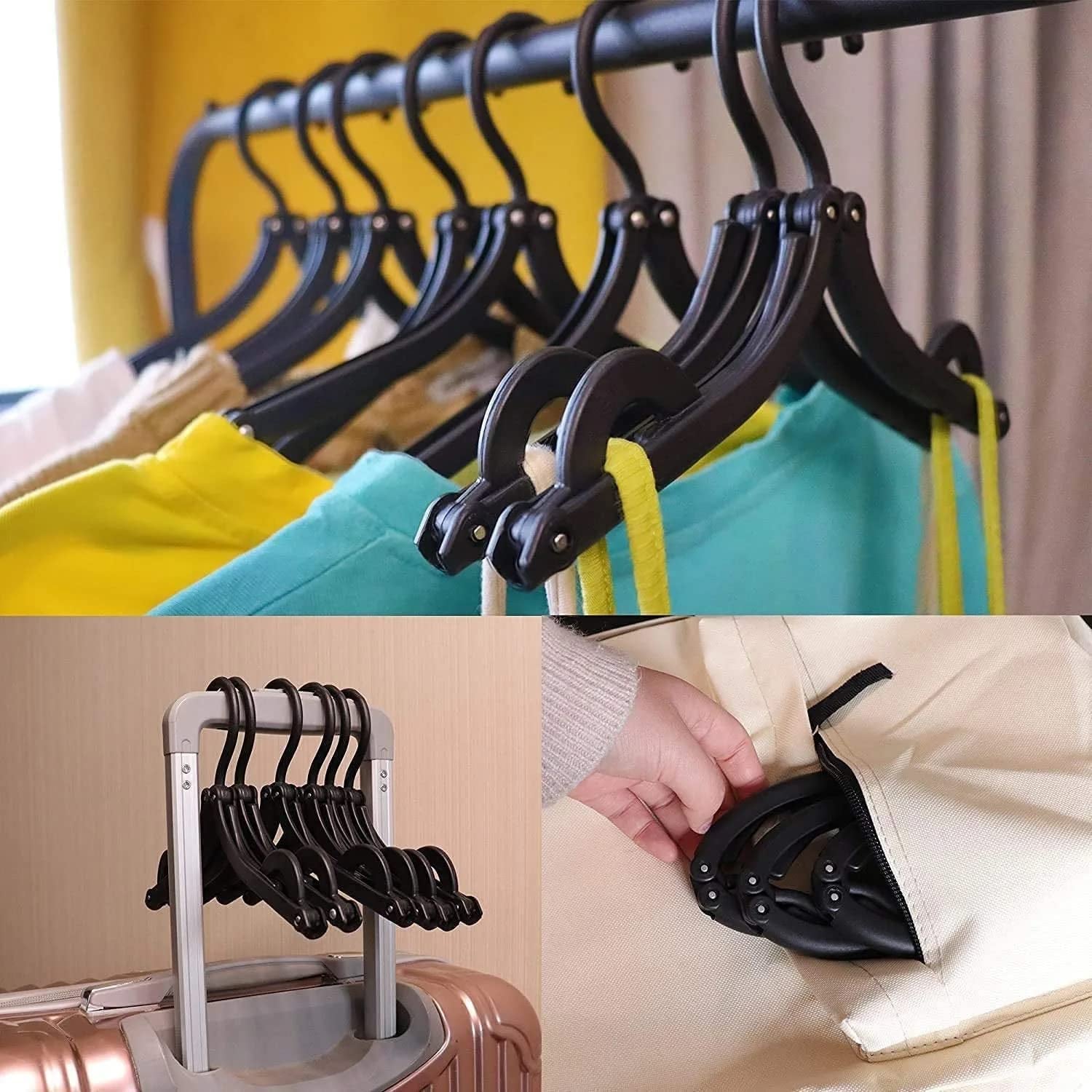 Set of 10 portable folding hangers for adults and children, ideal for travel. Set of 10 portable folding hangers for adults and children, ideal for travel.